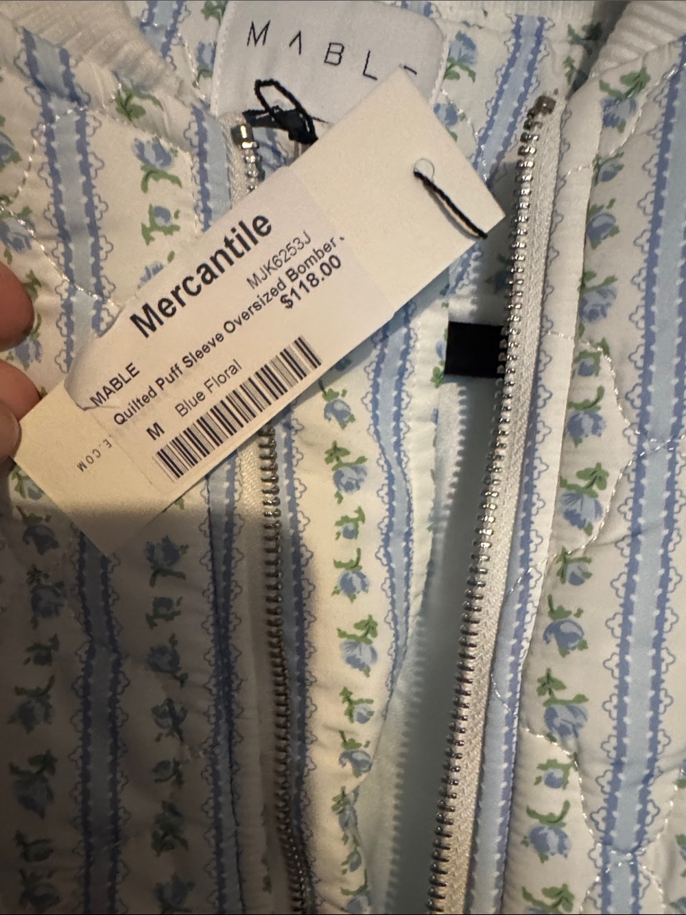 Mable Quilted Stripe Bomber Jacket in Cream and Light Blue - Picture 4 of 5